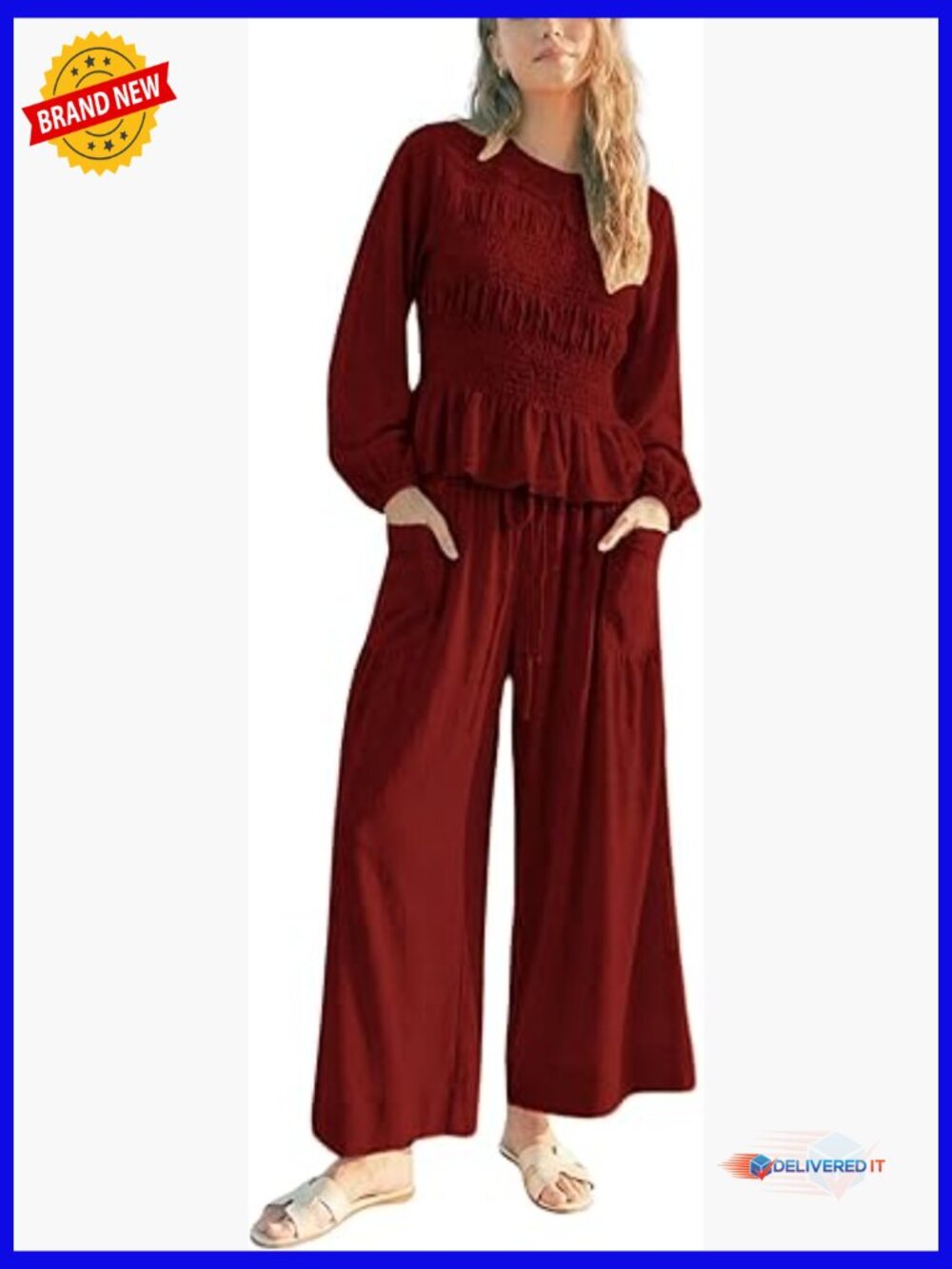 Womens Boho 2-Piece Long Sleeve Top & Wide Leg Pants Set Lounge Outfit with